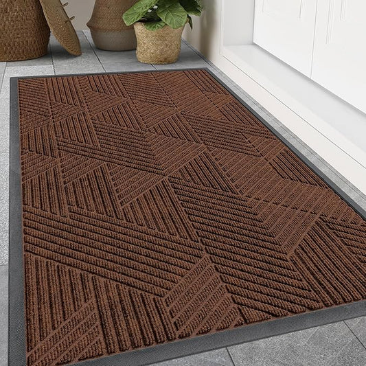 Smiry Front Door Mat Outside Entrance, Heavy Duty Sturdy Natural Rubber Doormat, Trap Dirt and Moisture, Easy Clean Low Profile Mats for Indoor Outdoor Entry, Irregular Triangle (47x32, Deep Coffee)