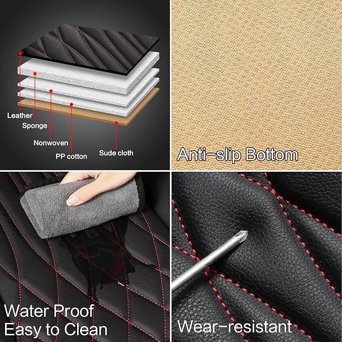 Pariitadin Leather Car Seat Covers Front Pair, Waterproof Faux Leather Seat Covers for Cars, Non-Slip Car Interior Covers Universal Fit for Most Cars Sedans Trucks SUVs, Black/Red Line