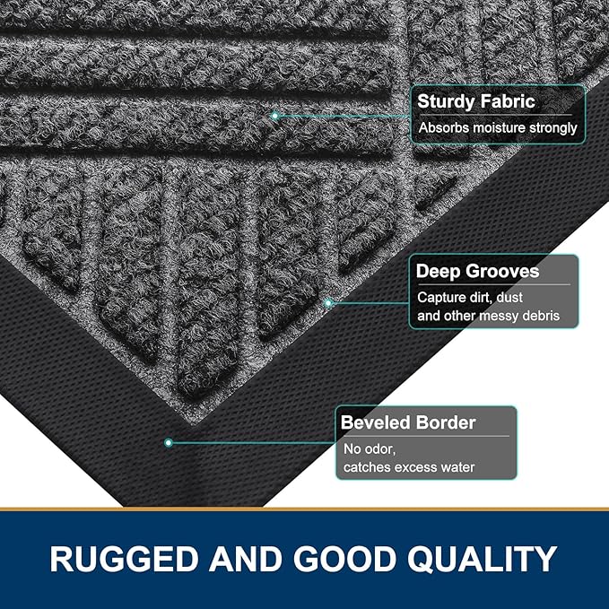 Smiry Front Door Mat Outside Entrance, Heavy Duty Outdoor Indoor Natural Rubber Doormat, Non Slip, Trap Dirt and Moisture, Easy Clean, Low Profile Patio Porch Entryway Mat, 47x32, Light Grey