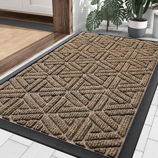 Smiry Front Door Mat Outside Entrance, Heavy Duty Sturdy Natural Rubber Doormat, Trap Dirt and Moisture, Easy Clean Low Profile Mats for Indoor Outdoor Entry, Grid Geometric (29.5x17, Brown)