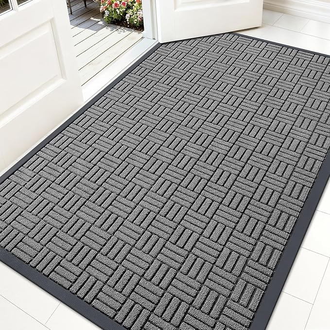 OLANLY Front Door Mat Outside Entrance 59x34, Absorbent, Heavy Duty Sturdy Natural Rubber Doormat Indoor Outdoor, Stain and Fade Resistant, Non-Slip Backing Low Profile Floor Mat for Entryway, Grey