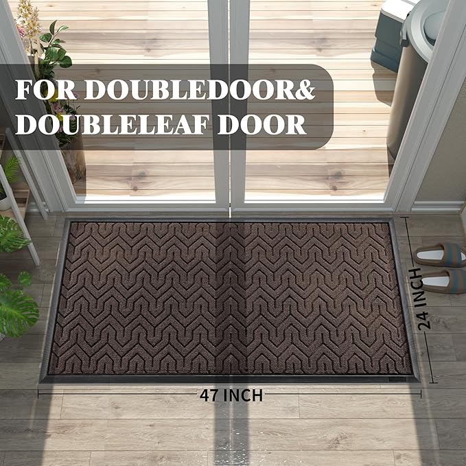 Yimobra Large Door Mat Outside Entrance 47x24, Waterproof Heavy Duty Outdoor Mats for Front Door, Non Slip Rubber Entry Mat for Garage Patio Indoor, Easy Clean, Brown