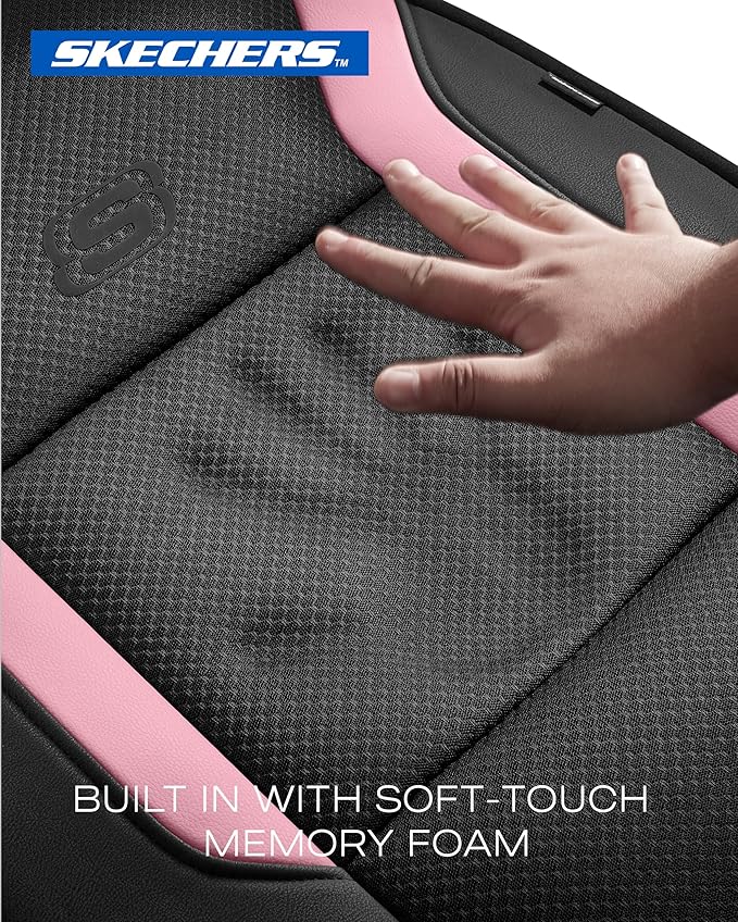 Skechers Memory Foam Car Seat Covers, Air Cool Mesh Thick Seat Covers, Car Seat Full Sets, Airbag Compatible, Automotive Comfort Protection for Most Cars,Vans,Trucks, SUVs,Pink