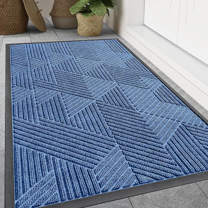 Smiry Front Door Mat Outside Entrance, Heavy Duty Sturdy Natural Rubber Doormat, Trap Dirt and Moisture, Easy Clean Low Profile Mats for Indoor Outdoor Entry, Irregular Triangle (59x24, Blue)