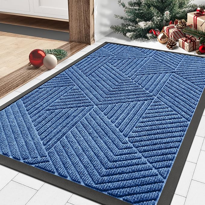 Smiry Front Door Mat Outside Entrance, Heavy Duty Sturdy Natural Rubber Doormat, Trap Dirt and Moisture, Easy Clean Low Profile Mats for Indoor Outdoor Entry, Irregular Triangle (29.5x17, Blue)