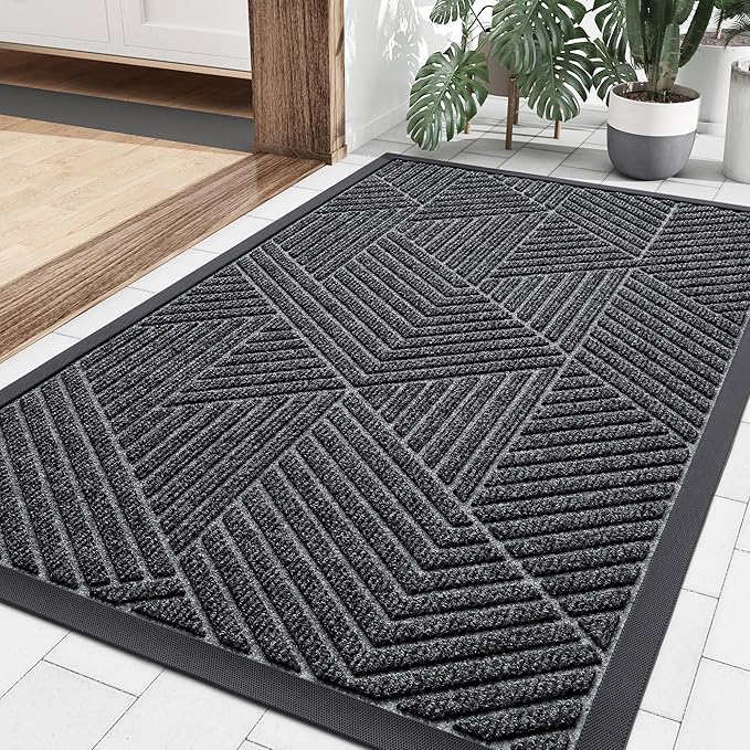 Smiry Front Door Mat Outside Entrance, Heavy Duty Sturdy Natural Rubber Doormat, Trap Dirt and Moisture, Easy Clean Low Profile Mats for Indoor Outdoor Entry, Irregular Triangle (36x24, Grey)
