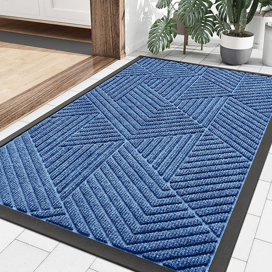 Smiry Front Door Mat Outside Entrance, Heavy Duty Sturdy Natural Rubber Doormat, Trap Dirt and Moisture, Easy Clean Low Profile Mats for Indoor Outdoor Entry, Irregular Triangle (36x24, Blue)