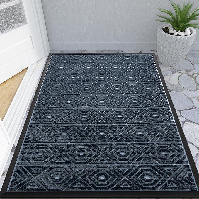 Yimobra Door Mat, Outdoor Indoor Entrance Welcome Mat, Heavy Entry Front Door Mat, Stain & Fade Resistant, Low Profile, Sturdy Rubber, Easy Clean Patio Floor Mat, Waterproof, 47 x 32, Blue