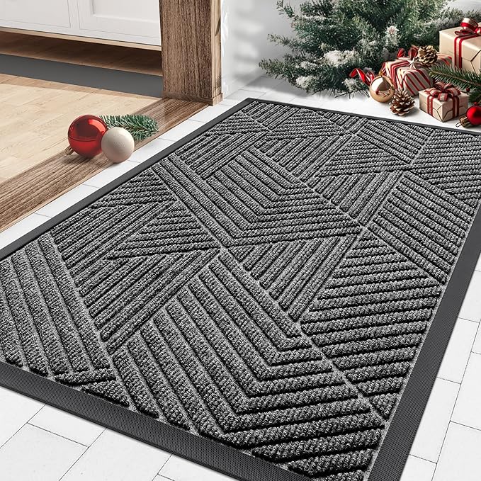 Smiry Front Door Mat Outside Entrance, Heavy Duty Sturdy Natural Rubber Doormat, Trap Dirt and Moisture, Easy Clean Low Profile Mats for Indoor Outdoor Entry, Irregular Triangle (29.5x17, Silver Grey)