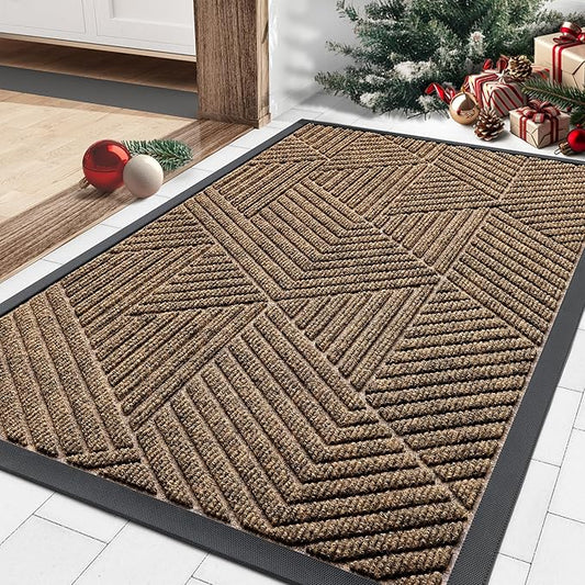 Smiry Front Door Mat Outside Entrance, Heavy Duty Sturdy Natural Rubber Doormat, Trap Dirt and Moisture, Easy Clean Low Profile Mats for Indoor Outdoor Entry, Irregular Triangle (29.5x17, Brown)
