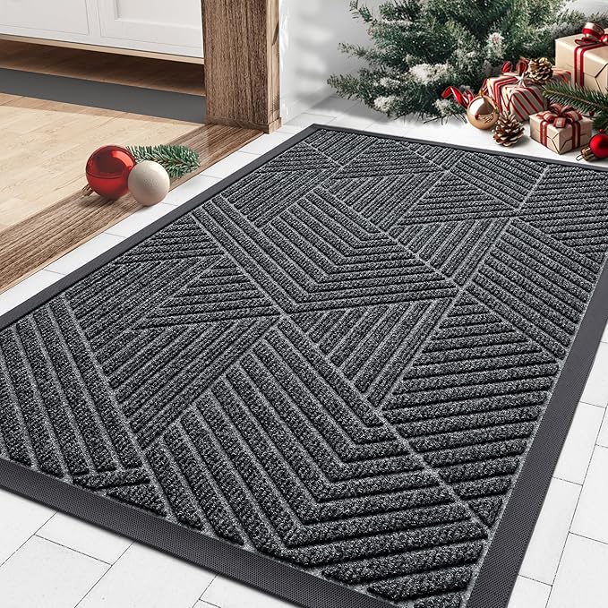 Smiry Front Door Mat Outside Entrance, Heavy Duty Sturdy Natural Rubber Doormat, Trap Dirt and Moisture, Easy Clean Low Profile Mats for Indoor Outdoor Entry, Irregular Triangle (29.5x17, Grey)