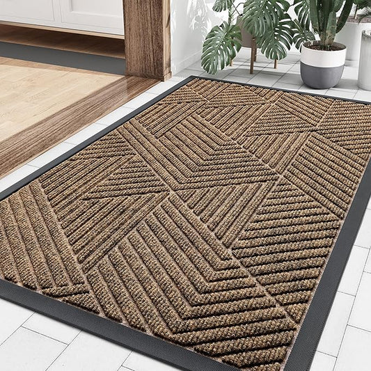 Smiry Front Door Mat Outside Entrance, Heavy Duty Sturdy Natural Rubber Doormat, Trap Dirt and Moisture, Easy Clean Low Profile Mats for Indoor Outdoor Entry, Irregular Triangle (36x24, Brown)